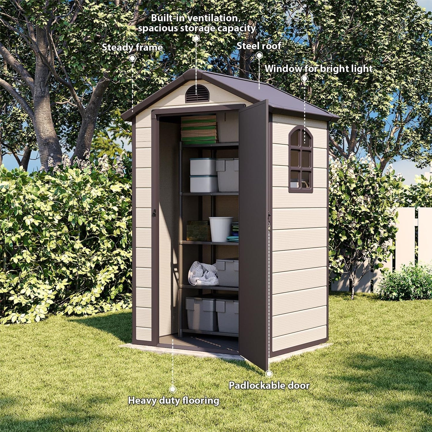 Outdoor Storage Shed 4X3 Ft, Resin Sheds & Outdoor Storage, Patio Furniture Shed with Lockable Door, Outdoor Sheds Garden Tools, Bikes, BBQ Grills, Pool Accessories for Backyard, Patio