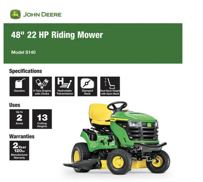 John Deere S140 48 in. 22 HP V-Twin Gas Hydrostatic Riding Lawn